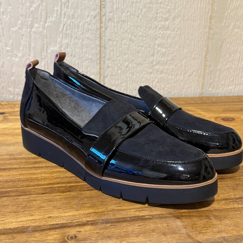 Dr. Scholls Watson Black Patent Suede Leather Loafer Platform Comfort Size 9